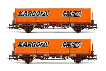 Lot de 2 wagons à ranchers Lgs à 2 essieux, chargés d'un conteneur "CNC Kargo70", époque IV. SNCF