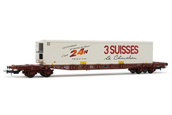 Wagon porte-conteneurs Sgss à 4 essieux avec caisse mobile "3 Suisses", époque V SNCF