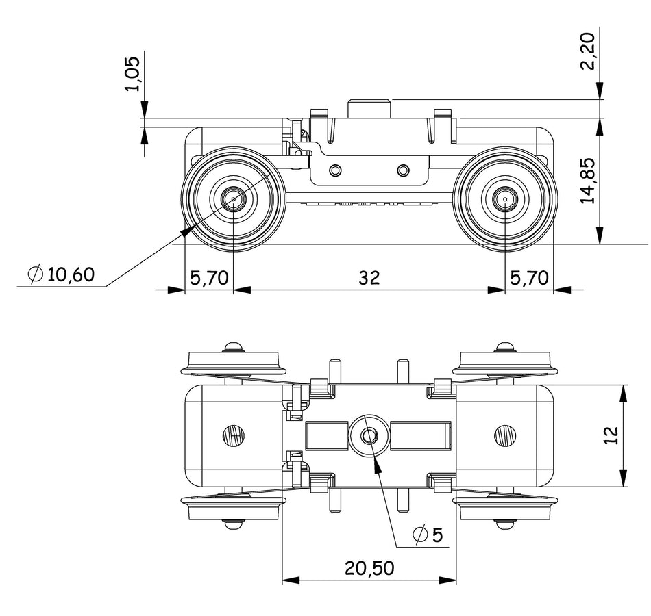 Bogie moteur H0, entraxe 32 mm