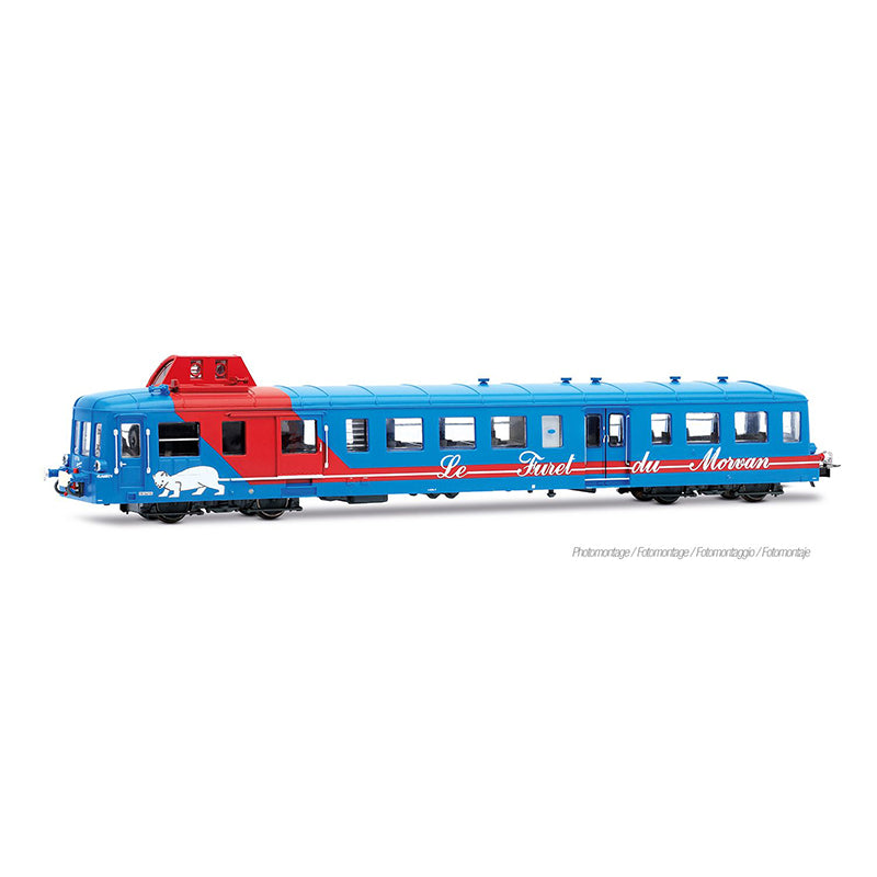 Autorail diesel X 3876, train touristique « Le Furet de Morvan », livrée bleue/rouge, ép. V-VI, CFTA