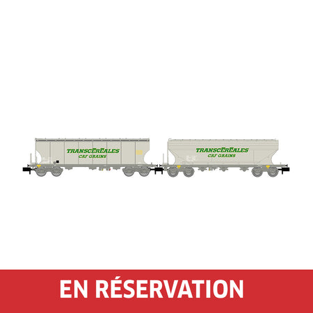 Coffret de 2 wagon-trémie céréalier « Transcéréales – CAF Grains », avec parois lisses et bombées, ép. IV-V, SNCF, éch. N