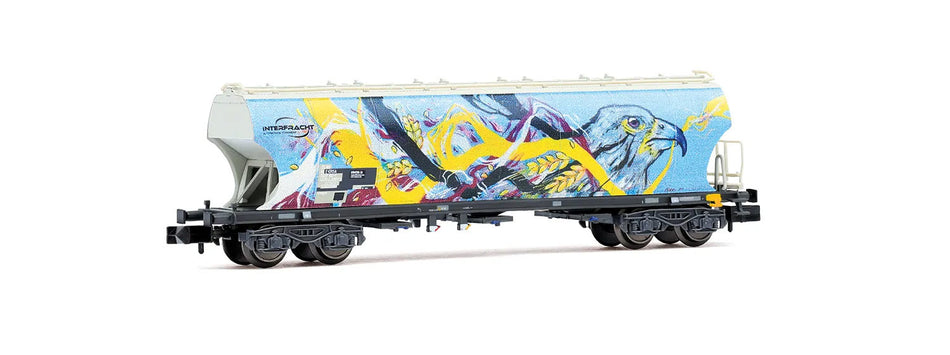 Wagon-trémie céréalier à 4 essieux avec parois bombées, « Interfracht », avec graffitis en forme d'oiseaux, ép. VI, F-ERSA, éch. N