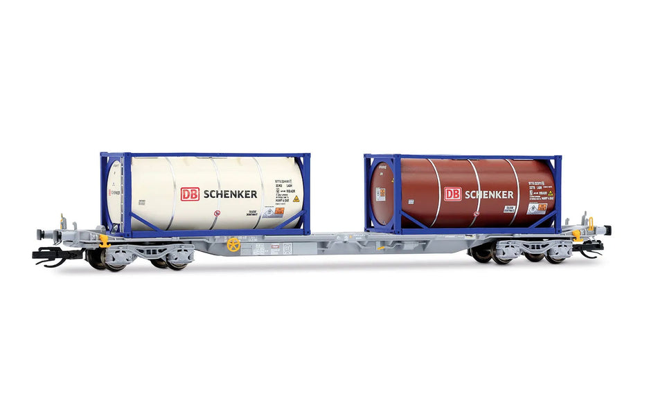 Wagon porte-conteneurs à 4 essieux, livrée grise, avec 2 citernes de 20 pieds « DB SCHENKER », ép. VI, éch. TT