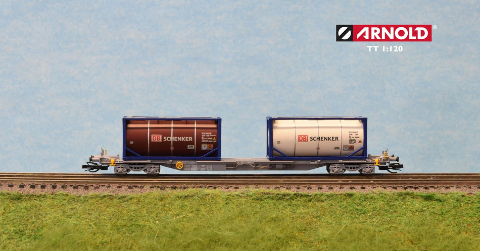 Wagon porte-conteneurs à 4 essieux, livrée grise, avec 2 citernes de 20 pieds « DB SCHENKER », ép. VI, éch. TT