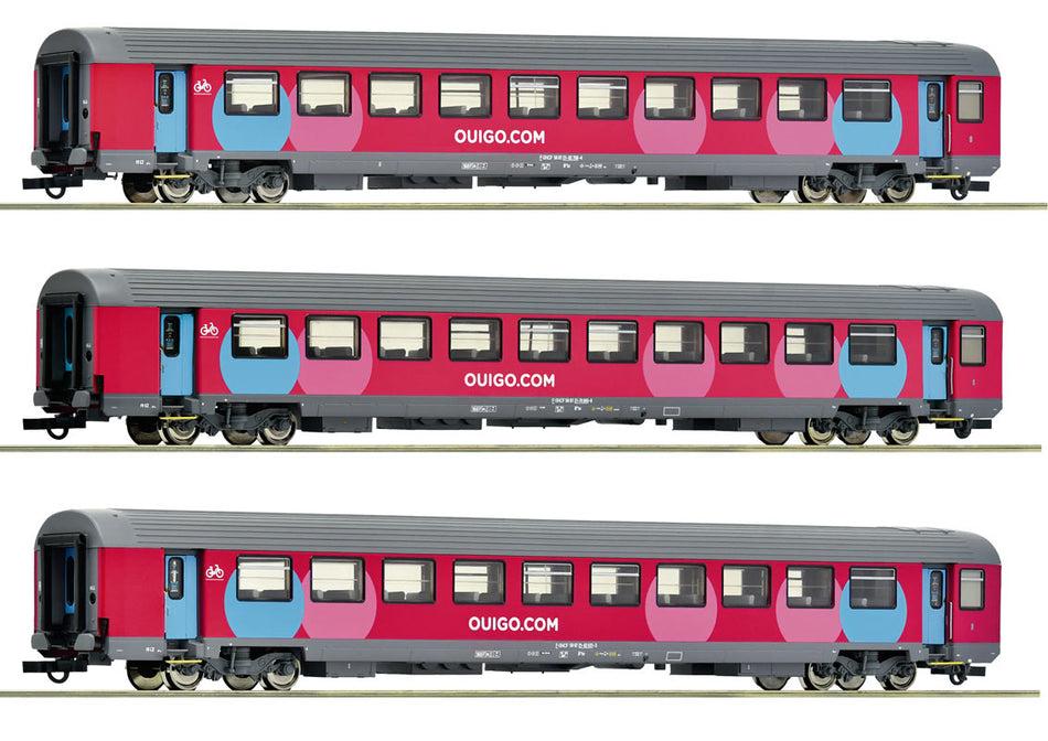 Coffret de 3 voitures voyageurs Corail type VTU B11tu en livrée « OUIGO », ép. VI, SNCF