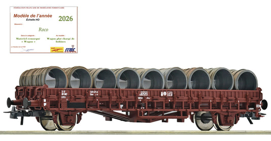 Wagon plat type Klms chargé de bobines de fil métallique, ép. IV, SNCF, DC