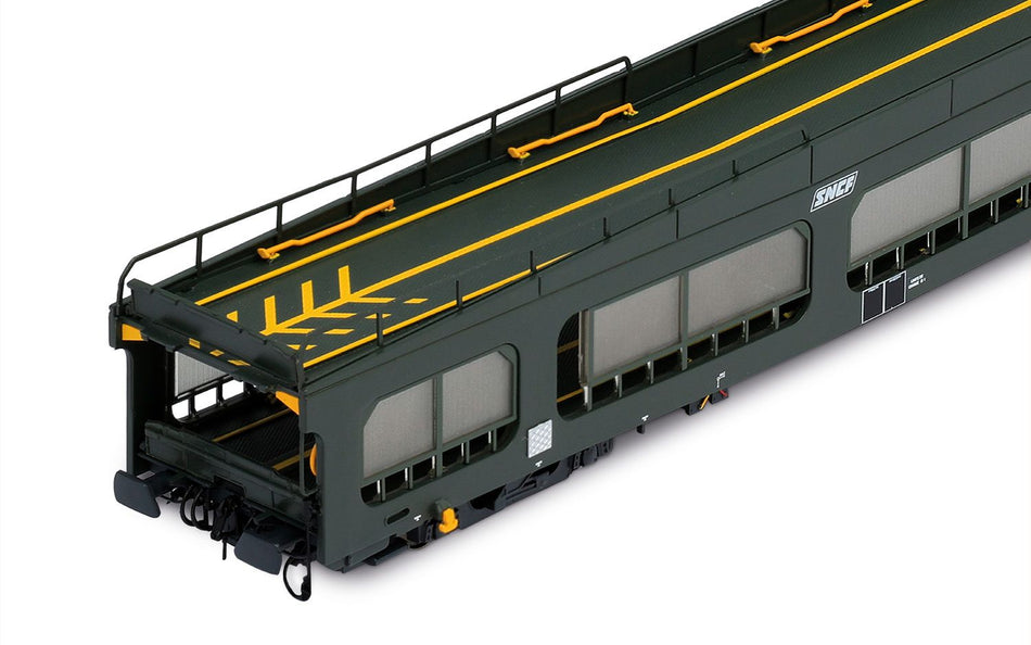 Wagon porte-autos DD DEV 66, livrée verte avec logo blanc « Encadré », ép. IV-V, SNCF