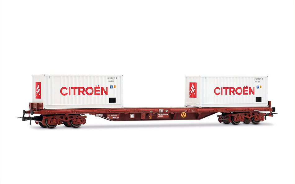 Wagon plat à bogies type Rs avec 2 conteneurs de 20' « Citroën », en livrée blanche, ép. IV, SNCF