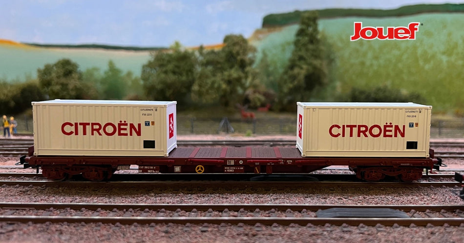 Wagon plat à bogies type Rs avec 2 conteneurs de 20' « Citroën », en livrée blanche, ép. IV, SNCF
