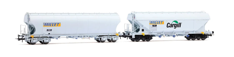 Coffret de 2 wagons-trémies céréaliers à 4 essieux, avec parois latérales lisses et bombées, « MILLET », livrée grise, ép. VI, SNCF