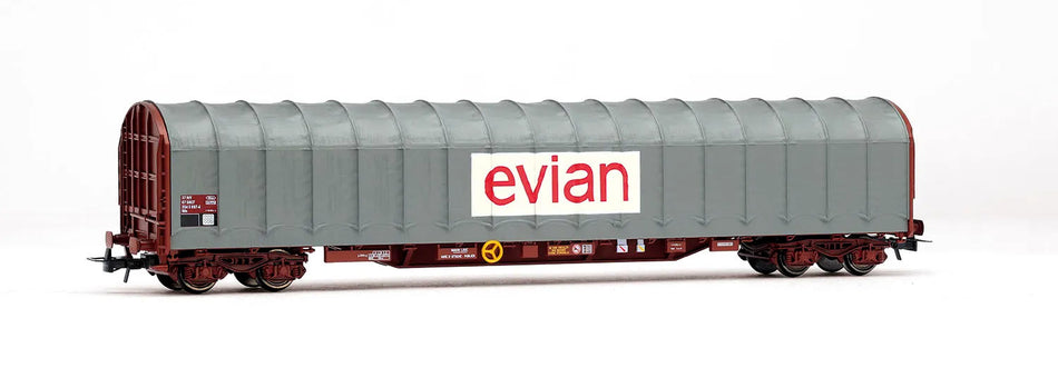 Wagon bâché à 4 essieux type Rils, « EVIAN », livrée grise, ép. IV-V, SNCF
