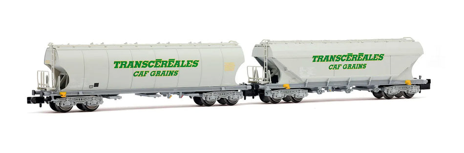 Coffret de 2 wagons-trémies céréaliers « Transcéréales – CAF Grains », avec parois lisses et bombées, ép. IV-V, SNCF, éch. N