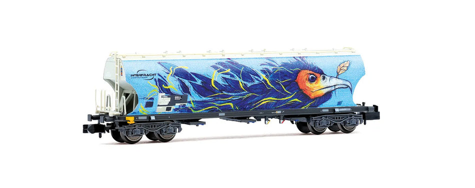Wagon-trémie céréalier à 4 essieux avec parois bombées, « Interfracht », avec graffitis en forme d'oiseaux, ép. VI, F-ERSA, éch. N