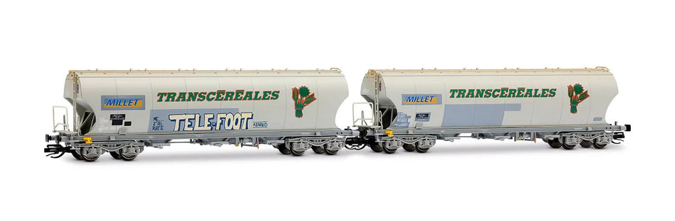 Coffret de 2 wagons-trémies céréaliers à 4 essieux, avec parois latérales bombées, « MILLET », livrée grise, graffitis « Telefoot », ép. VI, F-MISA, éch. TT