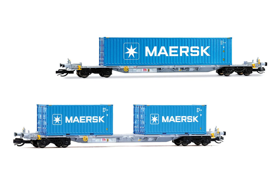 Coffret de 2 wagons porte-conteneurs à 4 essieux, livrée grise, avec 2 conteneurs de 20 pieds et 1 conteneur de 40 pieds « MAERSK », ép. VI, ech. TT