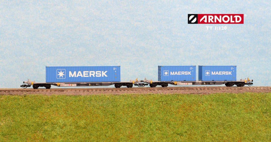 Coffret de 2 wagons porte-conteneurs à 4 essieux, livrée grise, avec 2 conteneurs de 20 pieds et 1 conteneur de 40 pieds « MAERSK », ép. VI, ech. TT