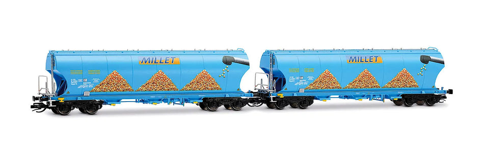 Coffret de 2 wagons-trémies céréaliers à 4 essieux, avec parois latérales bombées, « MILLET », livrée bleue, ép. VI, éch. TT