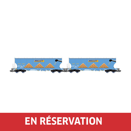 Coffret de 2 wagons-trémies céréaliers à 4 essieux, avec parois latérales bombées, « MILLET », livrée bleue, ép. VI, éch. TT