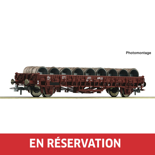 Wagon plat type Klms chargé de bobines de fil métallique, ép. IV, SNCF, DC