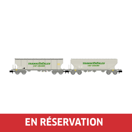 Coffret de 2 wagon-trémie céréalier « Transcéréales – CAF Grains », avec parois lisses et bombées, ép. IV-V, SNCF, éch. N