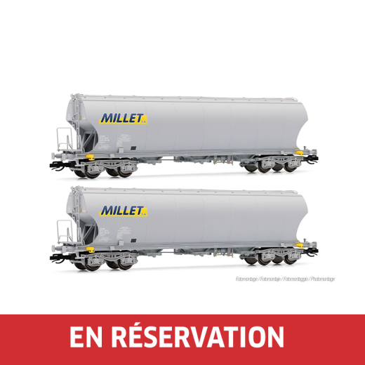 Coffret de 2 wagons-trémies céréaliers à 4 essieux, avec parois latérales bombées, « MILLET », livrée grise, ép. VI, F-MISA, éch. TT