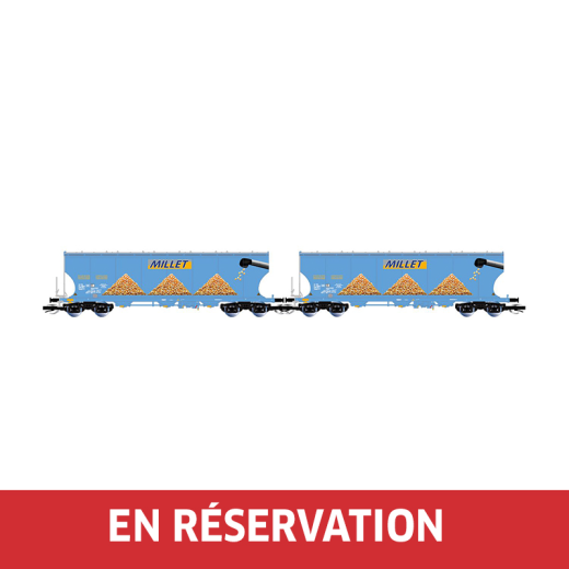 Coffret de 2 wagons-trémies céréaliers à 4 essieux, avec parois latérales bombées, « MILLET », livrée bleue, ép. VI, éch. TT