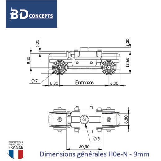 Bogie moteur H0e/N, entraxe 28 mm, écartement 9 mm-2