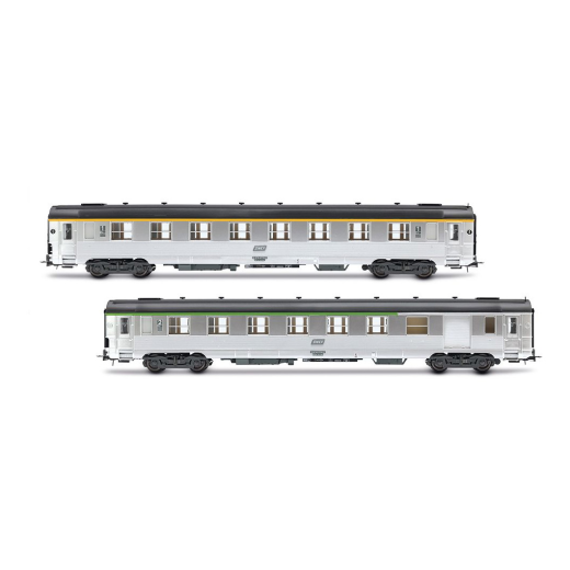 Coffret de 2 voitures courtes DEV Inox, avec cartouche Corail, composé de 1 voiture A8 et 1 voiture B6D, ép. IV-V SNCF