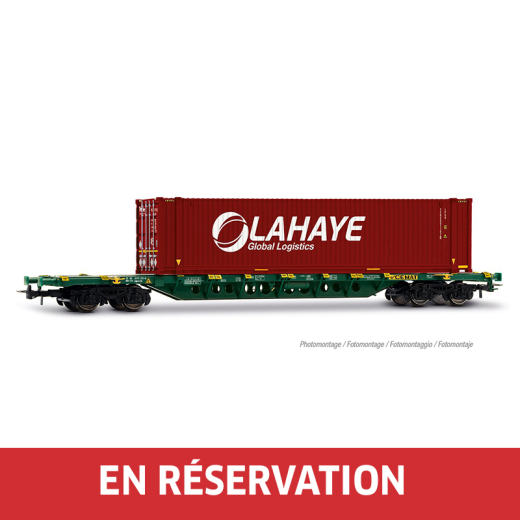 Wagon porte-conteneurs Sgnss, avec conteneur de 45 pieds « LAHAYE », livrée verte, ép. VI, CEMAT