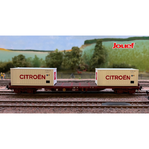 Wagon plateforme à 4 essieux type Rs avec 2 conteneurs de 20' « Citroën », en livrée blanche, ép. IV, SNCF-1