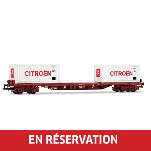 Wagon plateforme à 4 essieux type Rs avec 2 conteneurs de 20' « Citroën », en livrée blanche, ép. IV, SNCF