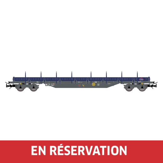 Wagon plateforme à 4 essieux Res, « FERROVIAIRE RHONE-ALPES », livrée bleu-gris, ép. VI, CH-FRA