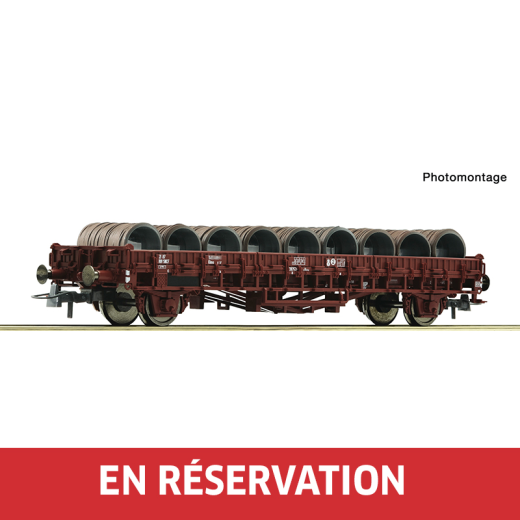 Wagon plat type Klms chargé de bobines de fil métallique, ép. IV, SNCF, DC