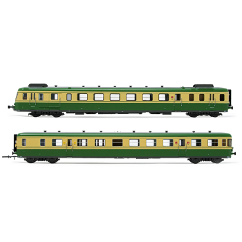 Autorail diesel RGP II, avec motrice et remorque en version reconstruite, livrée verte/beige, ép. IV. SNCF