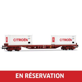 Wagon plateforme à 4 essieux type Rs avec 2 conteneurs de 20' « Citroën », en livrée blanche, ép. IV, SNCF
