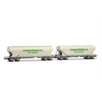 Coffret de 2 wagons-trémies céréaliers « Transcéréales – CAF Grains », parois plates et parois bombées, ép. IV-V, SNCF
