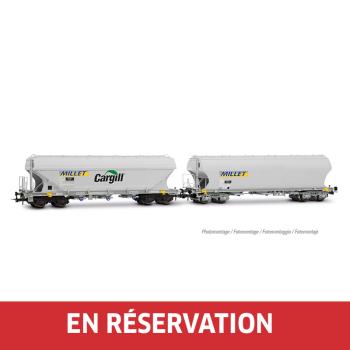 Coffret de 2 wagons-trémies céréaliers à 4 essieux, avec parois latérales lisses et bombées, « MILLET », livrée grise, ép. VI, SNCF