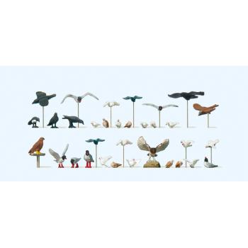 22 oiseaux : pigeons, mouettes, corneilles et oiseaux de proie - H0 - Preiser