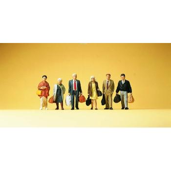 6 figurines de voyageurs en marche avec bagages - H0 - Preiser
